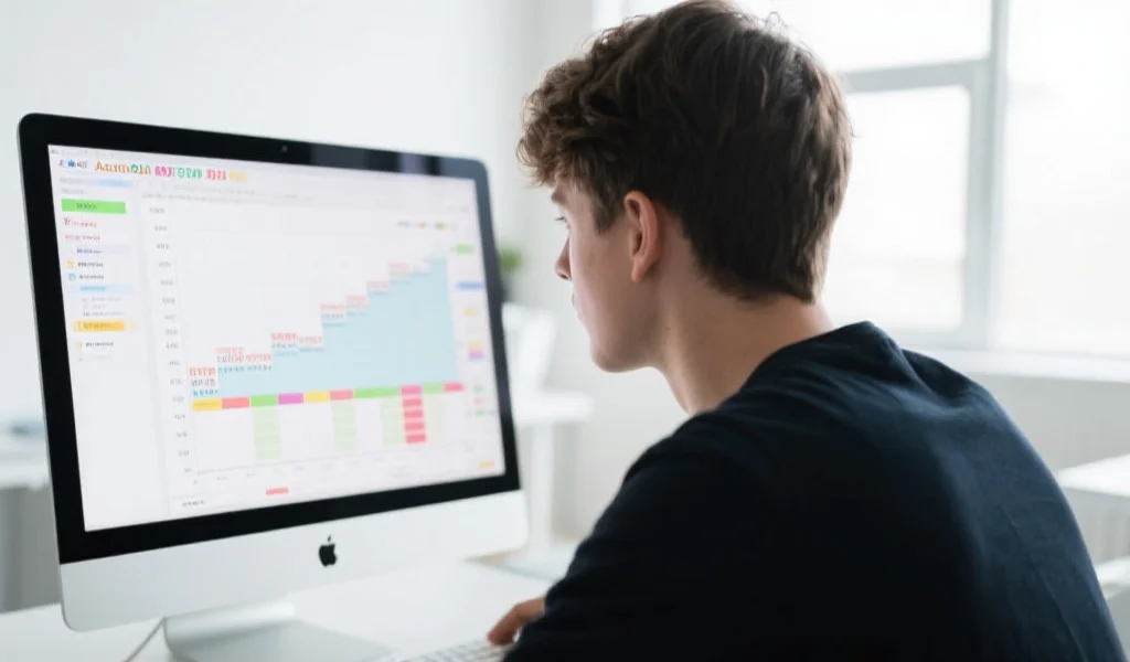 一位年轻用户专注地分析电脑屏幕上的澳洲幸运8走势图，背景为明亮的室内环境