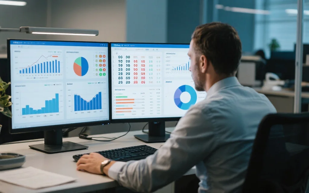 一名数据分析师正在办公室电脑前分析澳洲幸运8号码频率数据，屏幕上显示多种数据图表