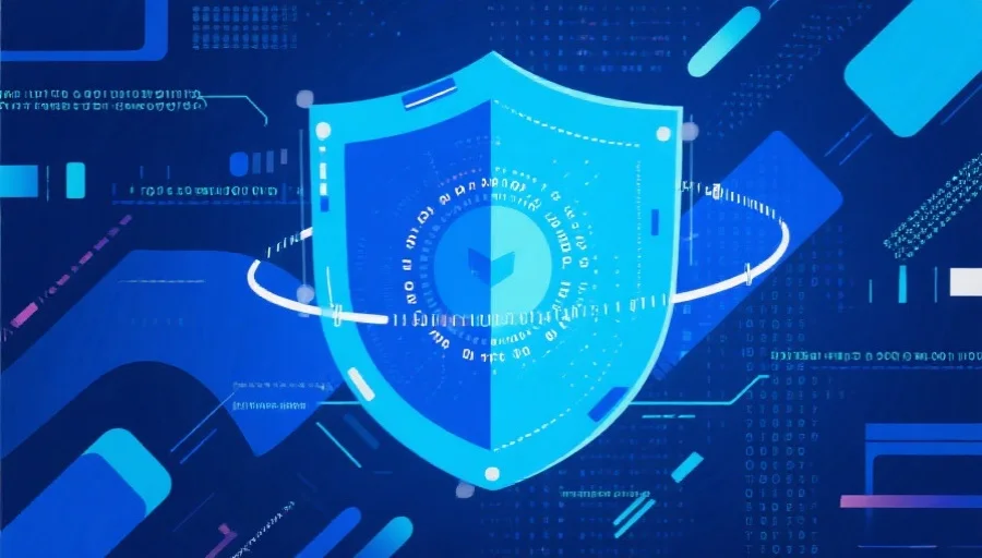 抽象表现数据加密与网络安全的概念插画，蓝色科技风格，有护盾和数字代码元素