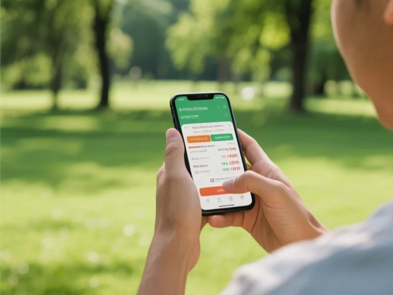 一个人在户外公园使用智能手机查看澳洲幸运8开奖结果，背景为绿色自然环境